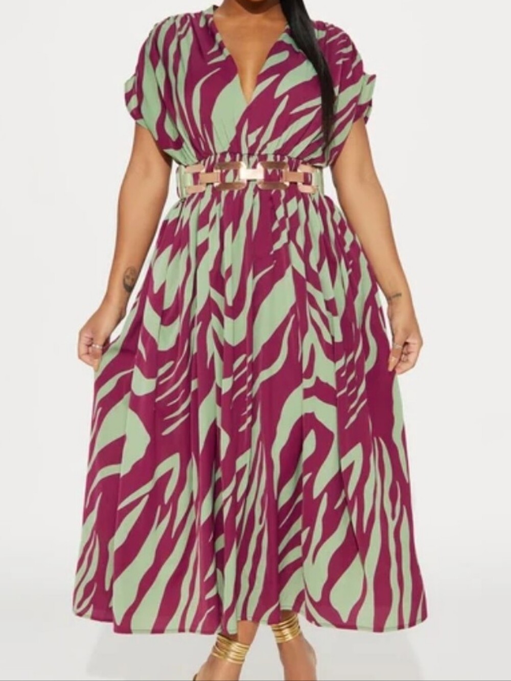 Fashion Nova Green and Magenta Zebra Print Belted Midi Dress 1X PLUS NOVA CURVE